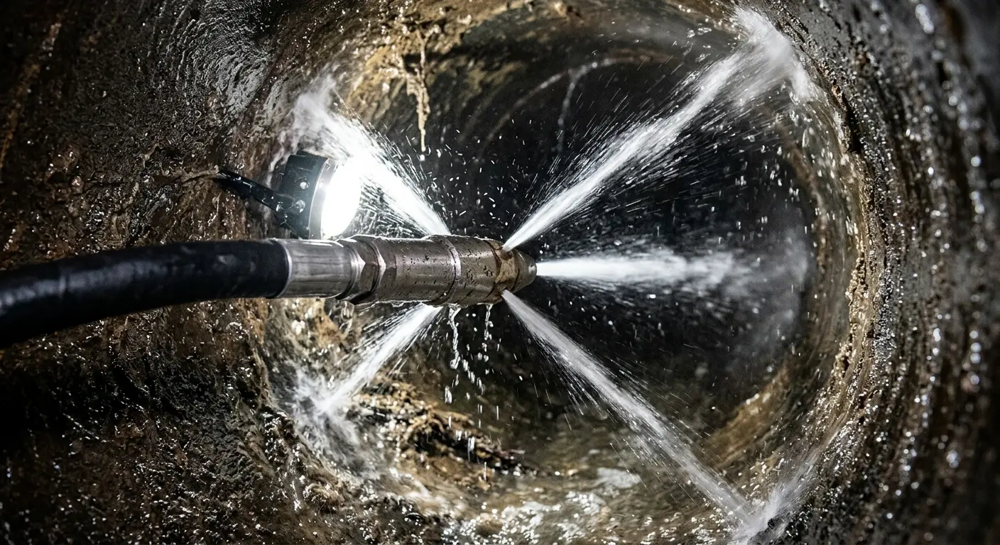 High-pressure hydro jetting nozzle cleaning sewer pipe for Sewer Cleanout in Santa Clara
