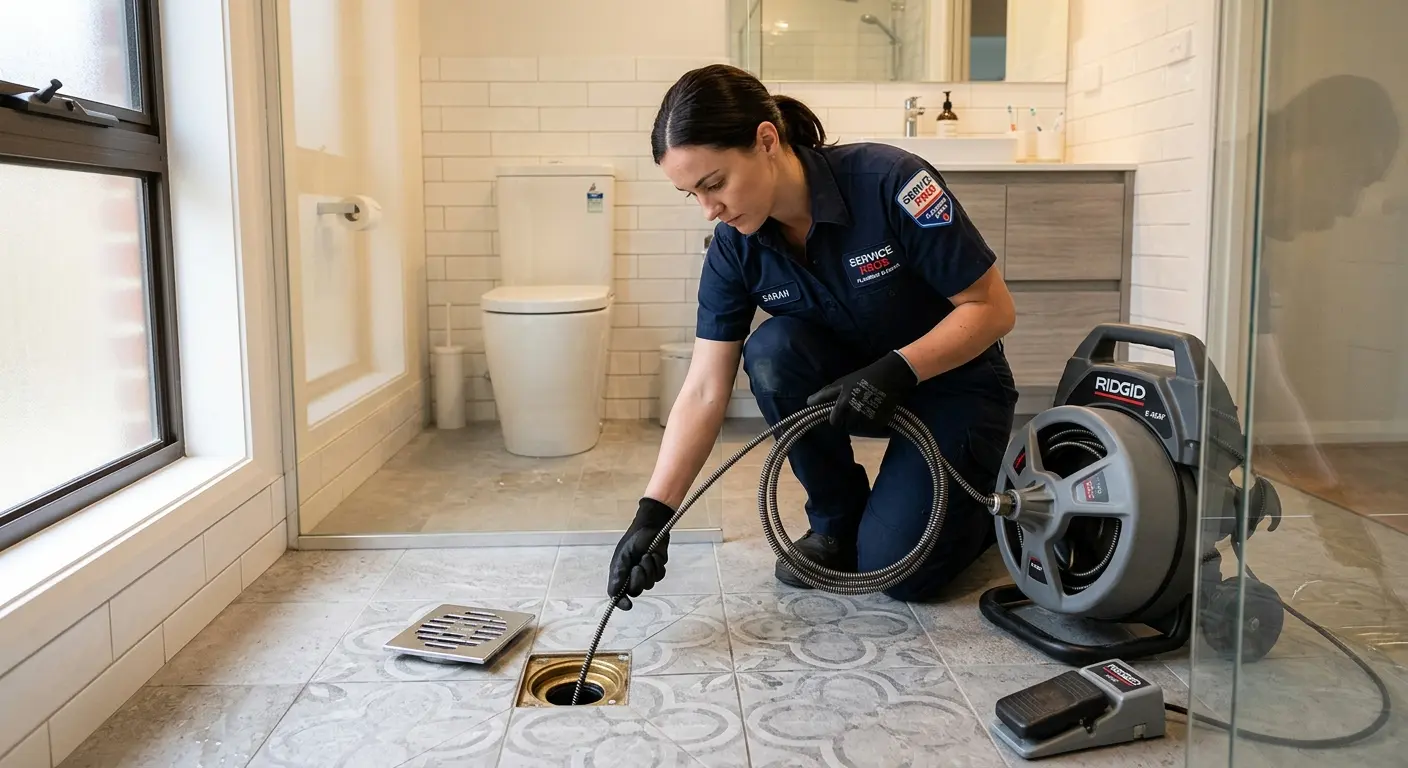 Technician clearing a bathroom floor drain for Hydro Jetting in Santa Clara